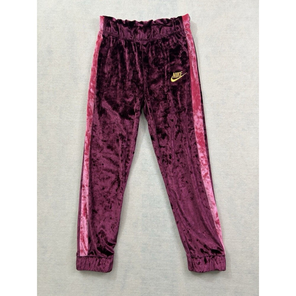 Nike Kids Girls Velour Track Pants 6X L Burgundy Pink Velvet Joggers 6-7 Years